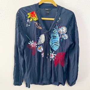 Desigual navy embroidered eyelet blouse med